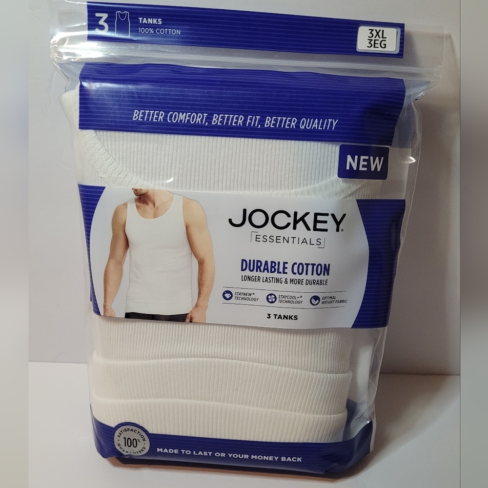 Jockey Essentials Durable Cotton White Tank Tops - 3 Pack Size 3XL